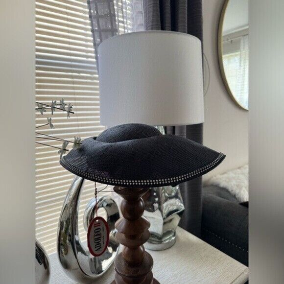 VTG NWT Adolfo II Black Straw Rhinestone Trim Hat - Picture 2 of 13